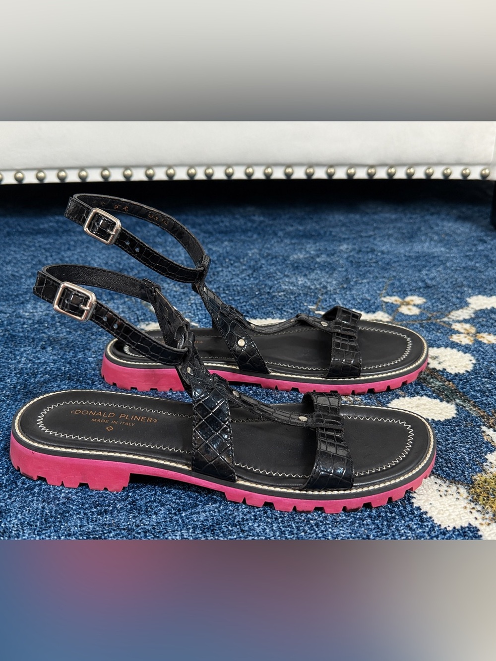 Donald J. Pliner Black Croc-Embossed Sandals with Pink Lug Sole 10